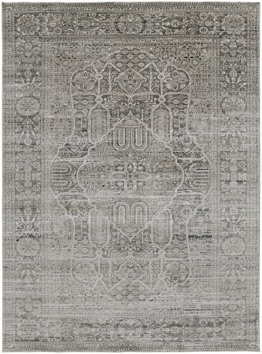 10' X 13' Gray Silver And Taupe Floral Power Loom Distressed Area Rug