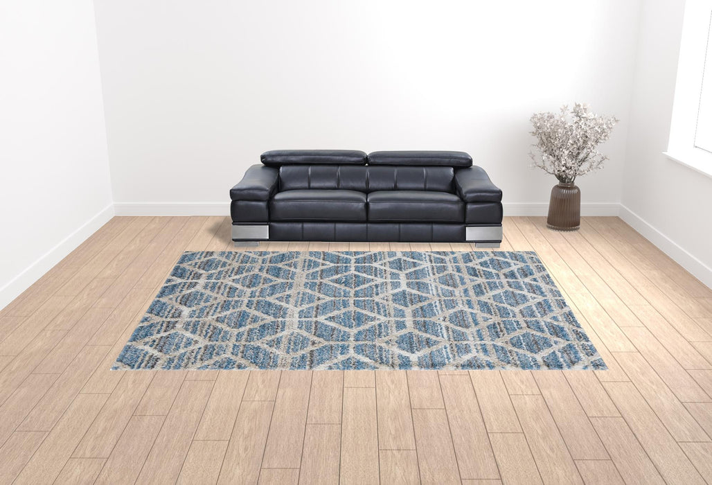 10' X 14' Blue And Ivory Geometric Power Loom Stain Resistant Area Rug