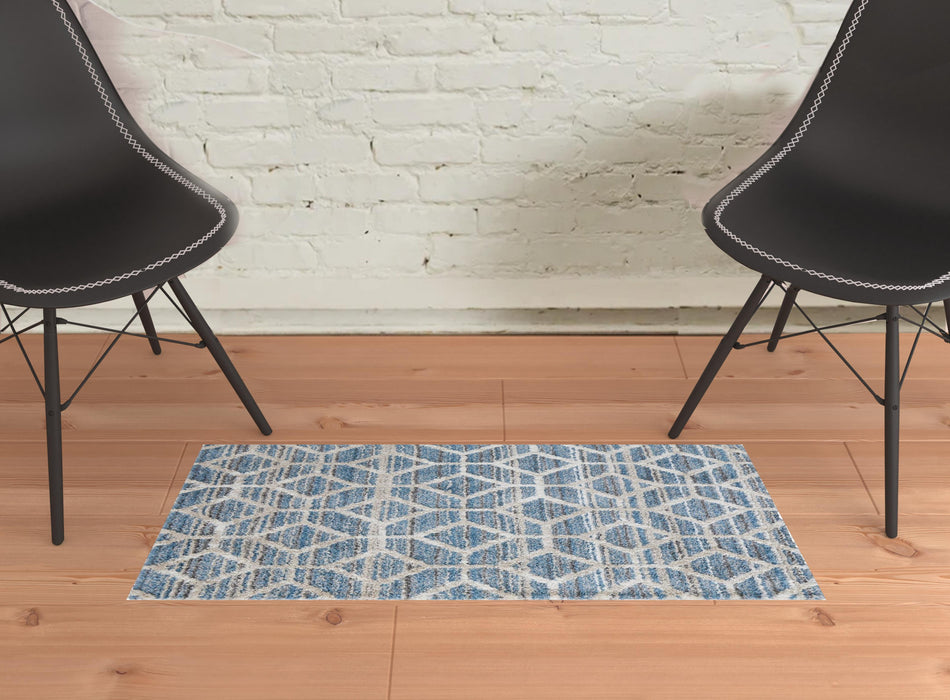 2' X 3' Blue And Ivory Geometric Power Loom Stain Resistant Area Rug