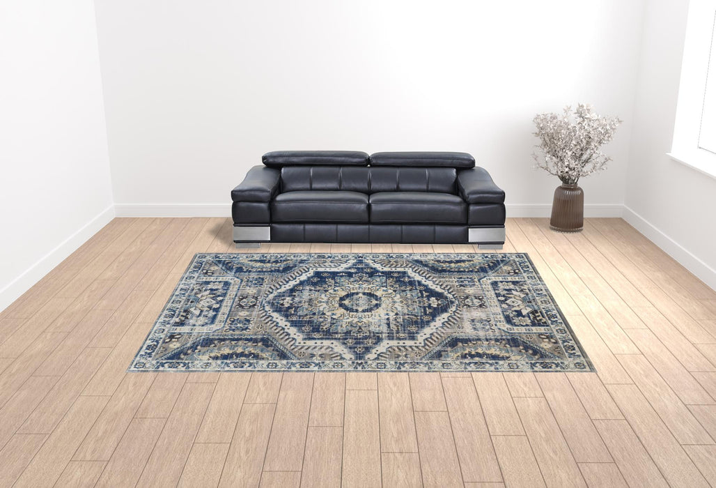 10' X 13' Blue And Ivory Abstract Power Loom Distressed Stain Resistant Area Rug