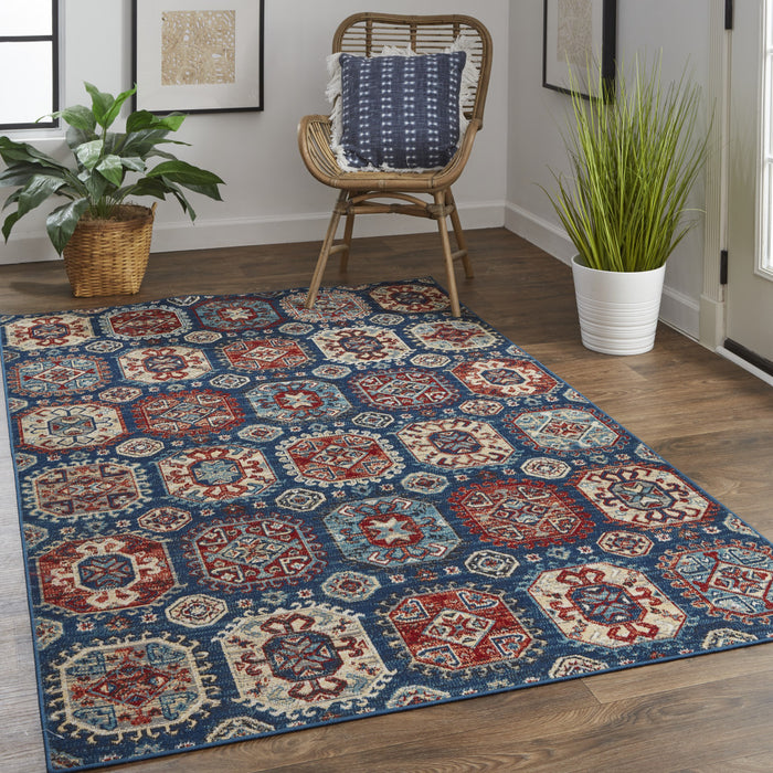 10' X 13' Blue Red And Tan Abstract Power Loom Distressed Stain Resistant Area Rug