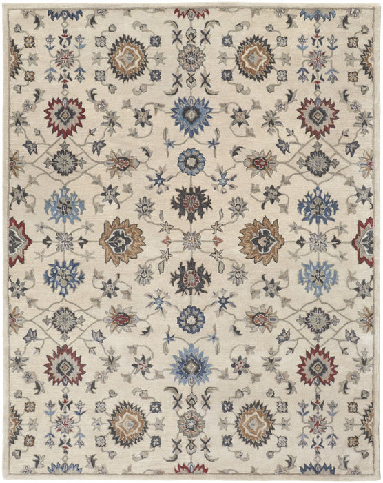 10' X 14' Ivory Blue And Tan Wool Floral Tufted Handmade Stain Resistant Area Rug