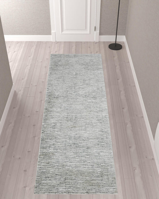 10' Gray Green And Ivory Striped Distressed Stain Resistant Runner Rug