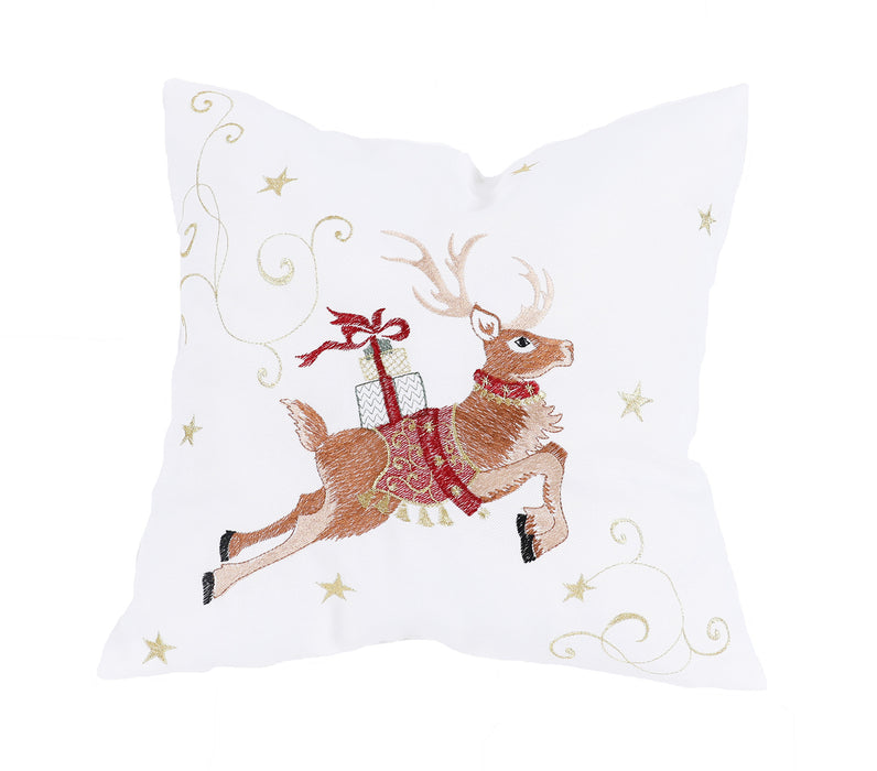 14" X 14" White and Gold Reindeer Christmas Reindeer Polyester Zippered Pillow With Embroidery