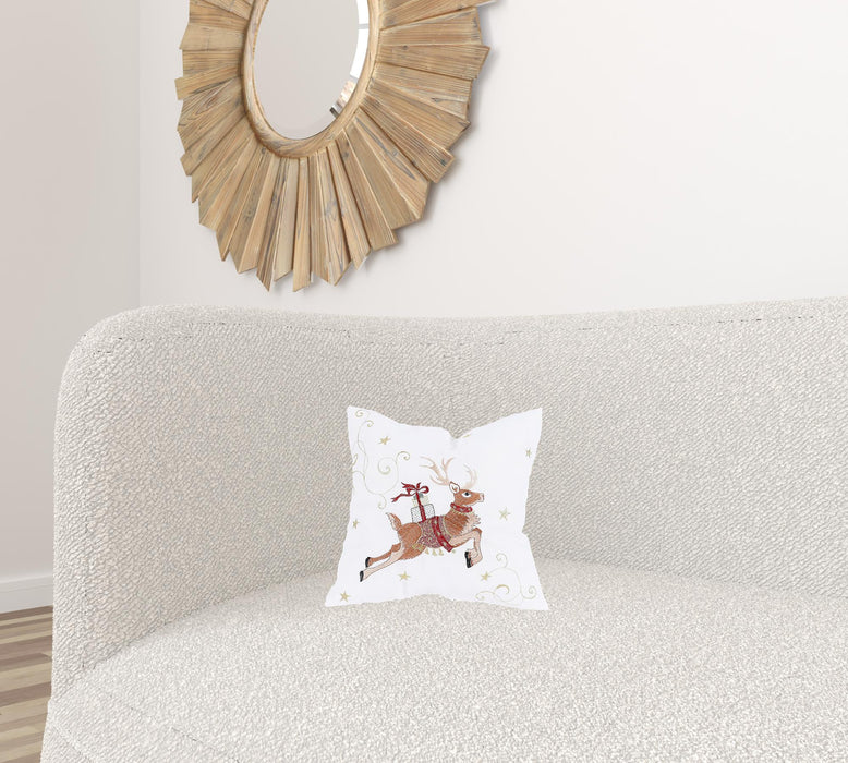 14" X 14" White and Gold Reindeer Christmas Reindeer Polyester Zippered Pillow With Embroidery