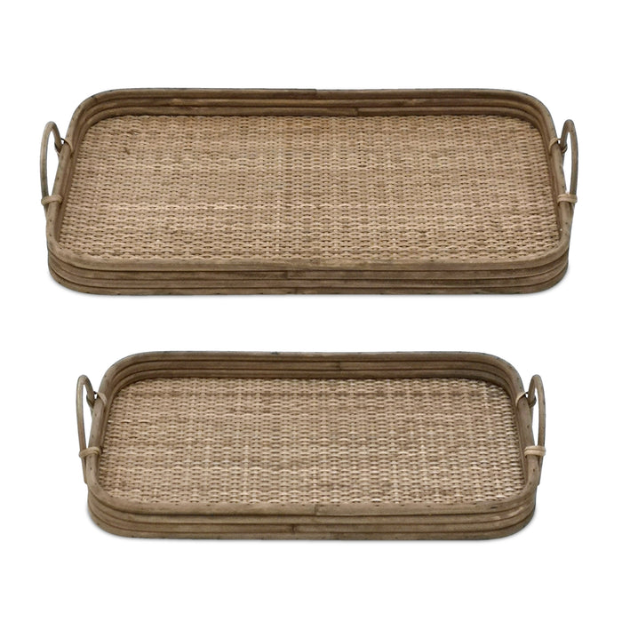 Set of Two Brown Rattan Serving Tray With Handles