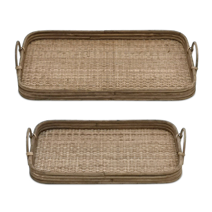 Set of Two Brown Rattan Serving Tray With Handles