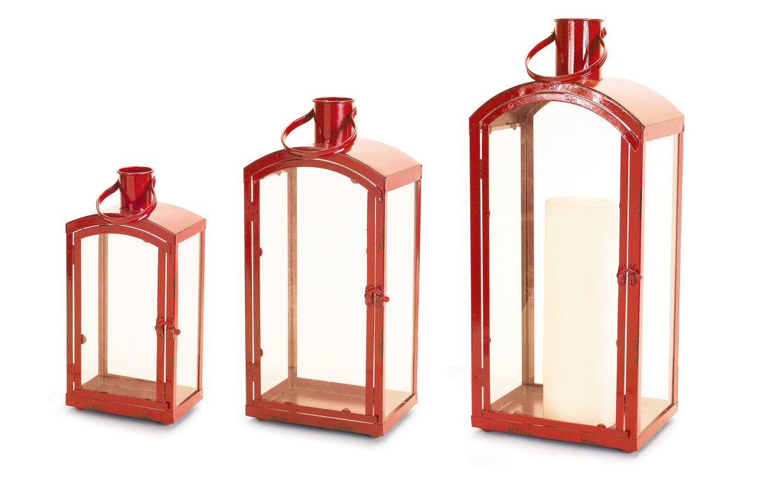 Set Of Three Red Flameless Floor Lantern Candle Holder