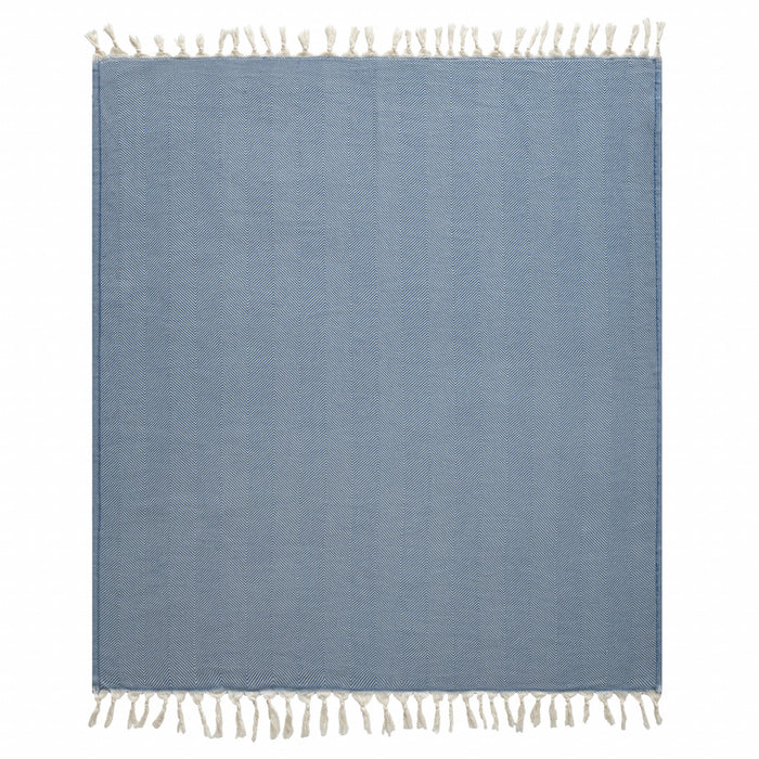 Blue Woven Cotton Herringbone Throw Blanket