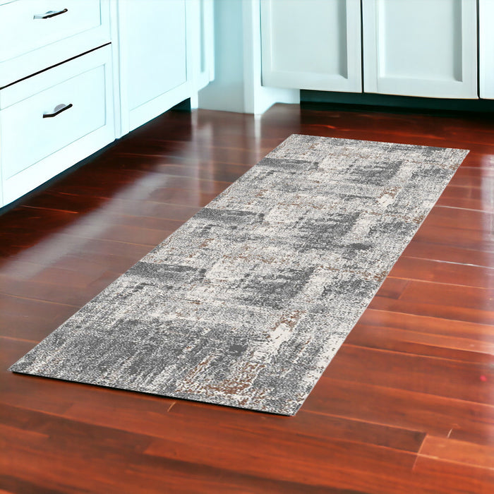 10' Gray and Beige Abstract Power Loom Runner Rug