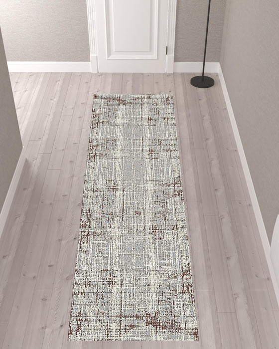 10' Gray and Red Abstract Power Loom Runner Rug