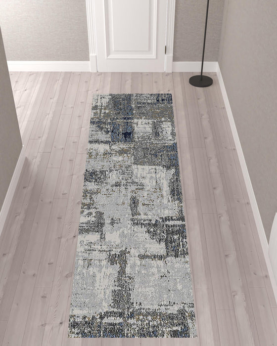 10' Gray and Blue Abstract Power Loom Runner Rug