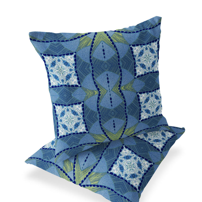 Set of Two 16" X 16" Blue and Yellow Blown Seam Eclectic Indoor Outdoor Throw Pillow