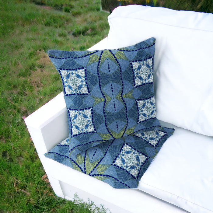 Set of Two 16" X 16" Blue and Yellow Blown Seam Eclectic Indoor Outdoor Throw Pillow