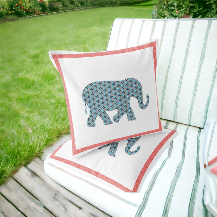 Set of Two 16" X 16" Blue and White Elephant Blown Seam Animal Print Indoor Outdoor Throw Pillow