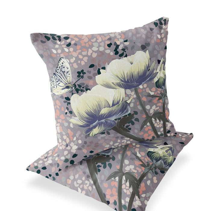 Set of Two 16" X 16" Gray and Yellow Butterfly Blown Seam Floral Indoor Outdoor Throw Pillow