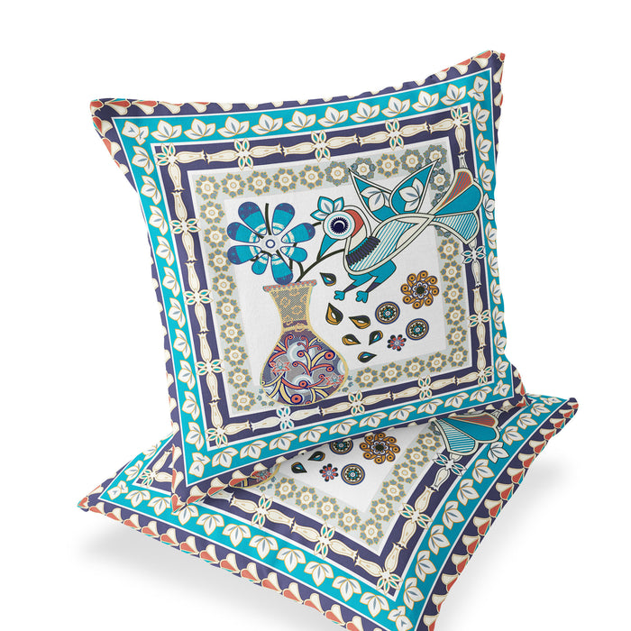 Set of Two 16" X 16" Blue and Purple Peacock Blown Seam Floral Indoor Outdoor Throw Pillow