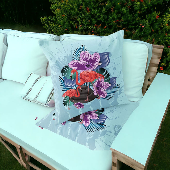 Set of Two 16" X 16" Blue Flamingo Blown Seam Indoor Outdoor Throw Pillow