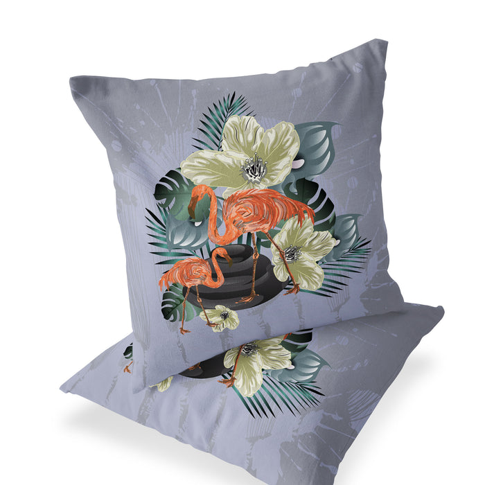 Set of Two 16" X 16" Gray and Orange Flamingo Blown Seam Floral Indoor Outdoor Throw Pillow