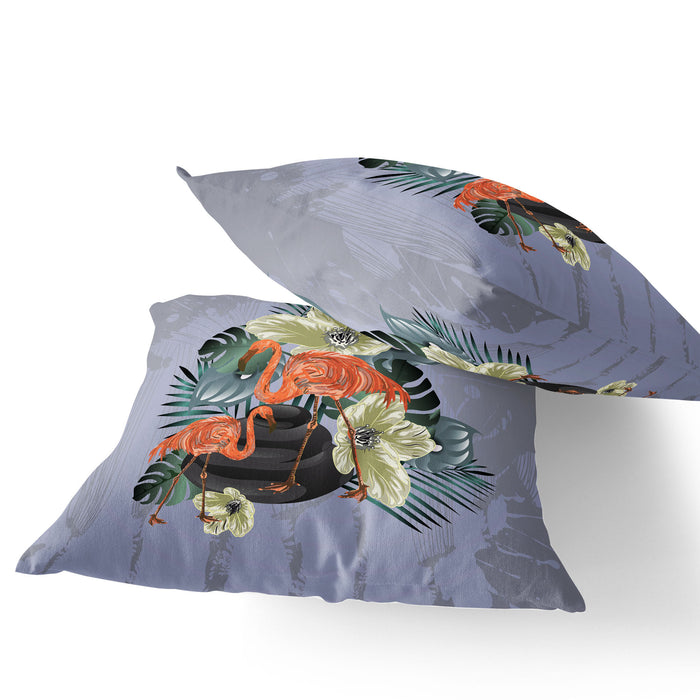 Set of Two 16" X 16" Gray and Orange Flamingo Blown Seam Floral Indoor Outdoor Throw Pillow