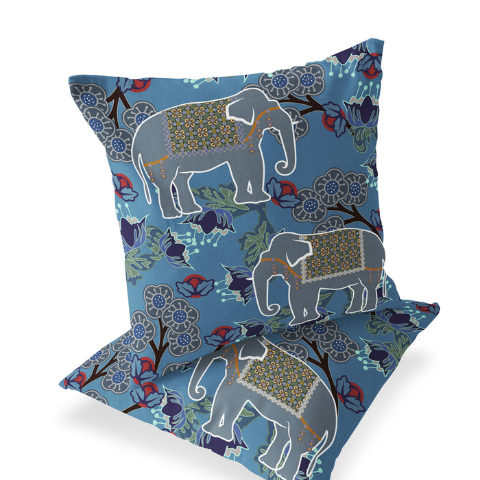 Set of Two 16" X 16" Blue and White Elephant Indoor Outdoor Throw Pillow