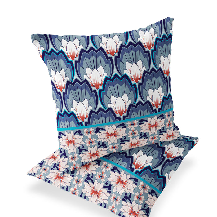 Set of Two 16" X 16" Blue and Orange Botanical Indoor Outdoor Throw Pillow