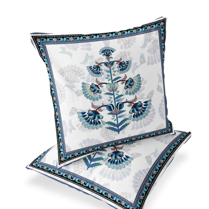 Set of Two 16" X 16" Blue and Off White Botanical Indoor Outdoor Throw Pillow