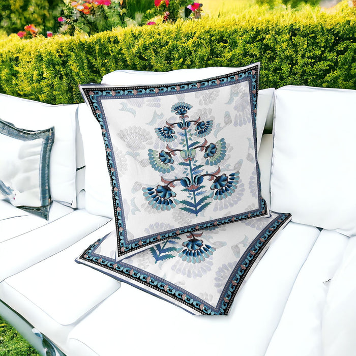 Set of Two 16" X 16" Blue and Off White Botanical Indoor Outdoor Throw Pillow