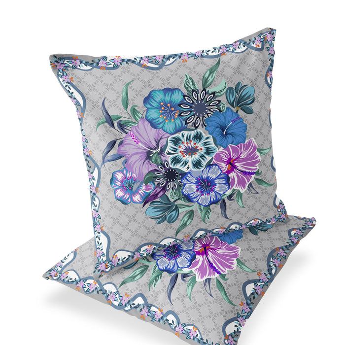 Set of Two 16" X 16" Beige and Blue Botanical Indoor Outdoor Throw Pillow