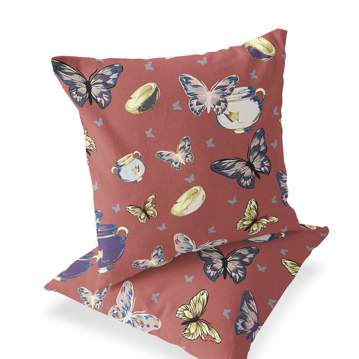 Set of Two 16" X 16" Blue and Orange Butterfly Indoor Outdoor Throw Pillow