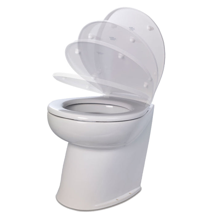 Jabsco Deluxe Flush 17" Angled Back 12V Raw Water Electric Marine Toilet w/Remote Rinse Pump &amp; Soft Close Lid