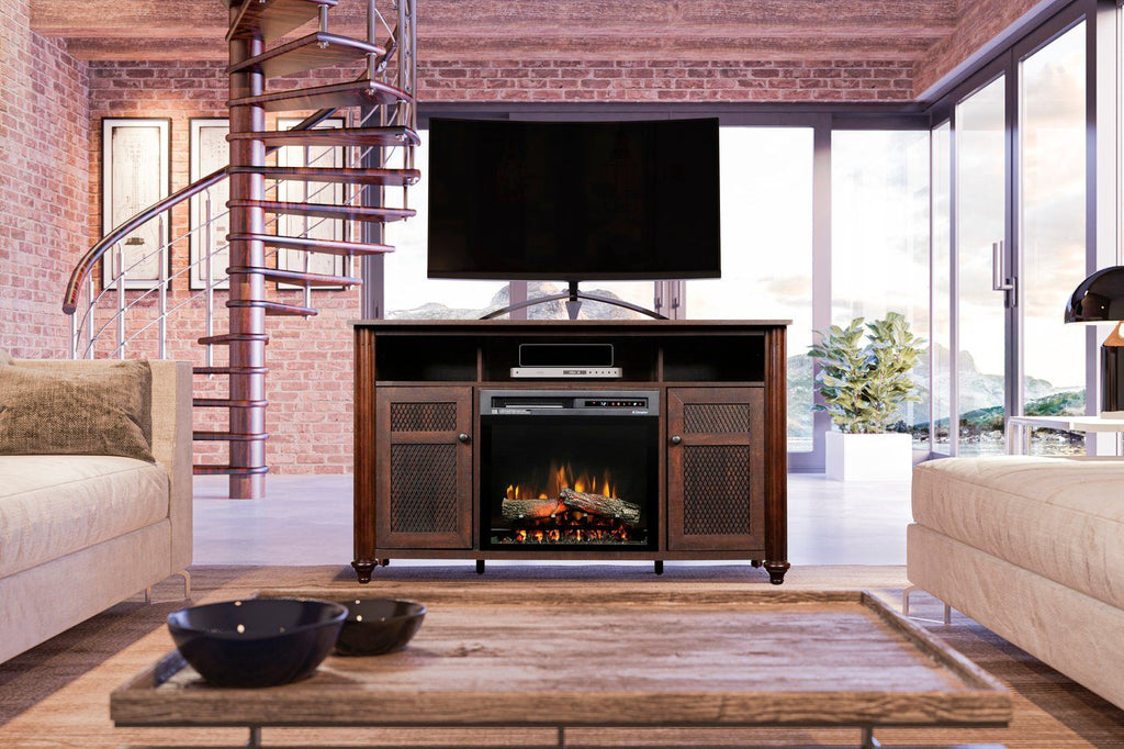 Dimplex Xavier 56-Inch Electric Fireplace and Log Set in Warm Grainery Brown with 23-Inch Media Console