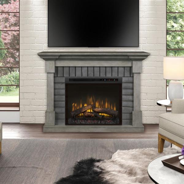 Dimplex Royce 52-Inch Mantel in Smoke Stak Grey with 28-Inch Electric Fireplace with Logs