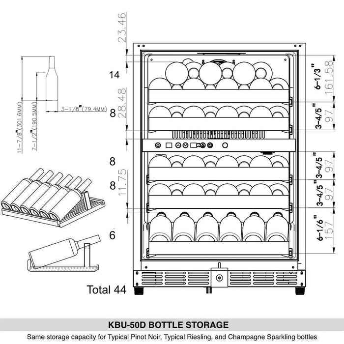 Kings Bottle 44 Bottles 24 Inch Under Counter Dual Zone Wine Cooler Drinks