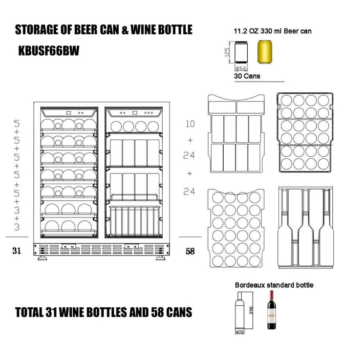 Kings Bottle 30" Under Counter Low-E Glass Door Wine and Beer Cooler Combo
