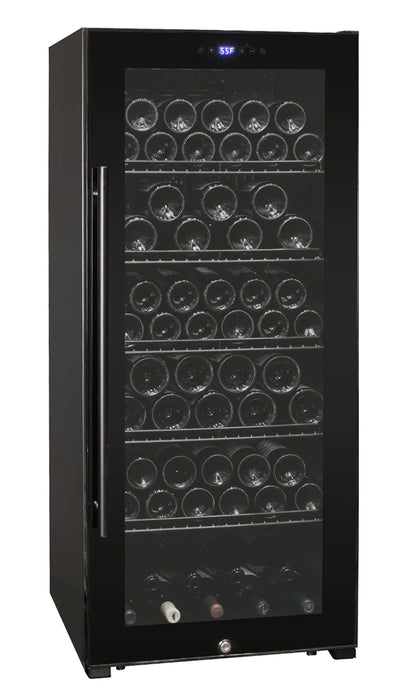 Contemporary 102 Bottle Single Zone Freestanding Wine Refrigerator with Black Glass Door