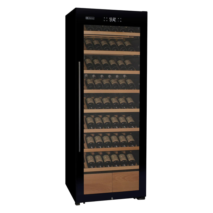 29" Wide 248 Bottle Single Zone Black Glass Right Hinge Wine Refrigerator with Display Shelving