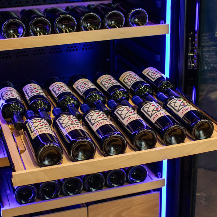 29" Wide 248 Bottle Single Zone Black Glass Left Hinge Wine Refrigerator with Display Shelving