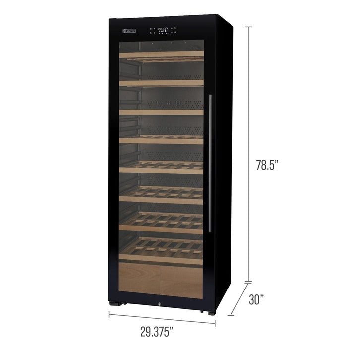 29" Wide 248 Bottle Single Zone Black Glass Left Hinge Wine Refrigerator with Display Shelving