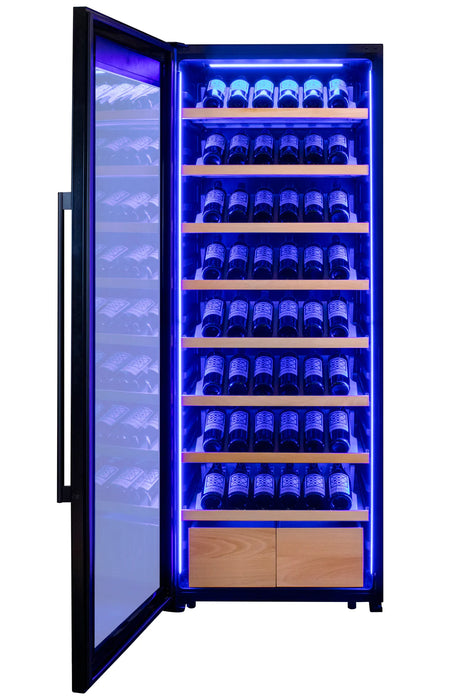 29" Wide 248 Bottle Single Zone Black Glass Left Hinge Wine Refrigerator with Display Shelving