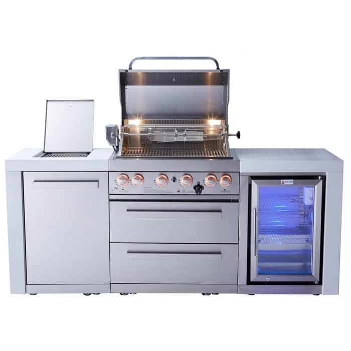 Mont Alpi 400 Deluxe Gas Island Grill with Fridge Cabinet