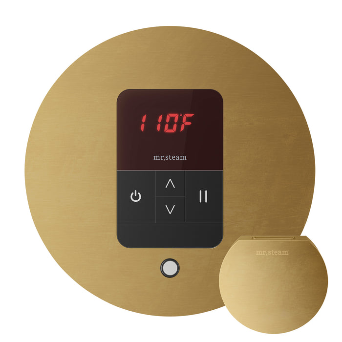 Mr. Steam Basic Butler Steam Shower Control Package with iTempo Control and Aroma Designer SteamHead in Round Polished Brass