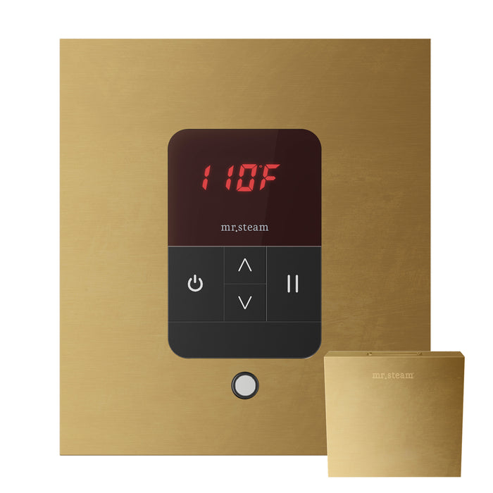 Mr. Steam Basic Butler Steam Shower Control Package with iTempo Control and Aroma Designer SteamHead in Square Polished Brass