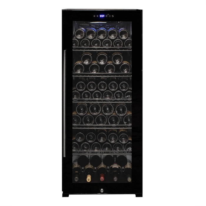 Contemporary 102 Bottle Single Zone Freestanding Wine Refrigerator with Black Glass Door