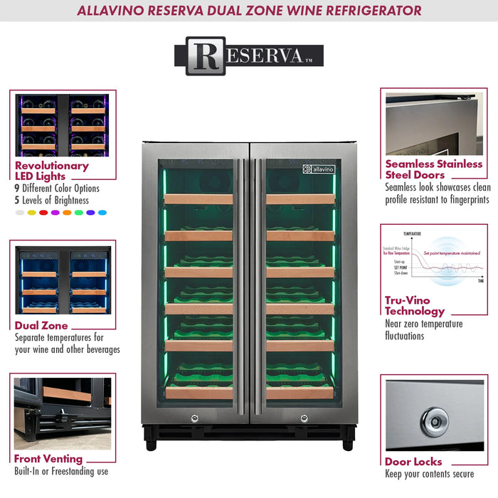 Reserva Series 36 Bottle Dual Zone Wine Refrigerator with Stainless Steel French Doors