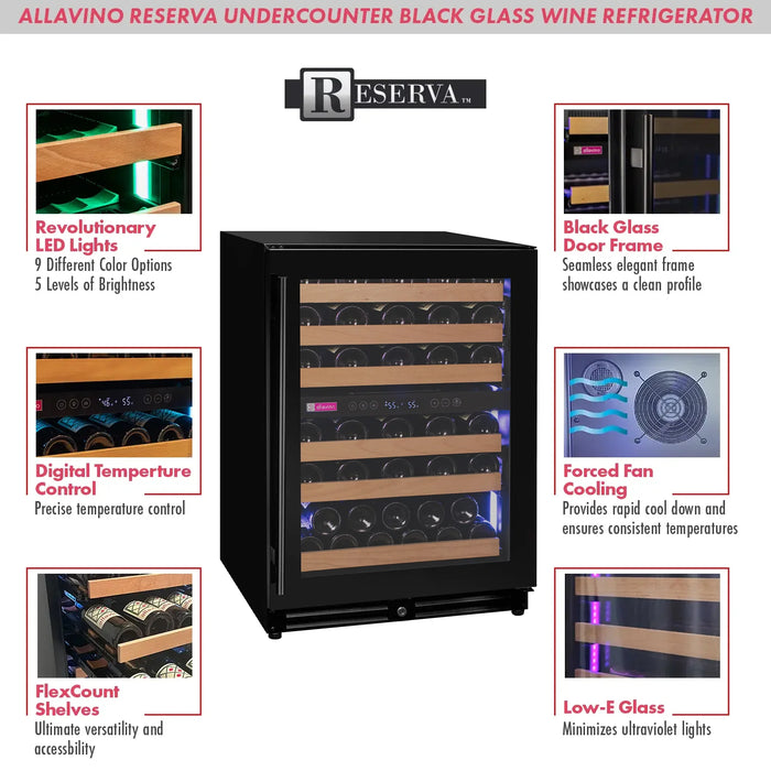 Reserva Series 56 Bottle Dual Zone Undercounter Wine Refrigerator Cooler with Black Glass Door - Right Hinge