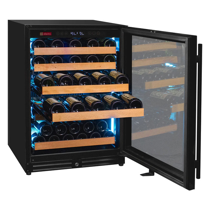 Reserva Series - 56 Bottle Single Zone Built-in Luxury Wine Refrigerator with Black Glass Door - Right Hinge