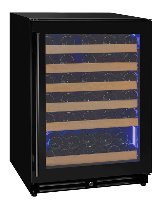 Reserva Series - 56 Bottle Single Zone Built-in Luxury Wine Refrigerator with Black Glass Door - Right Hinge