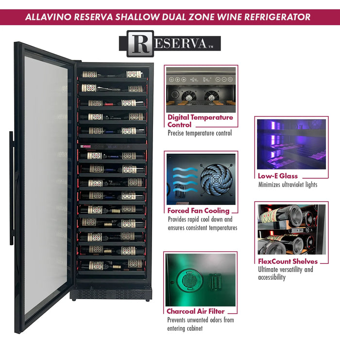 Reserva Series 67 Bottle 71" Tall Dual Zone Left Hinge Black Shallow Wine Refrigerator Console