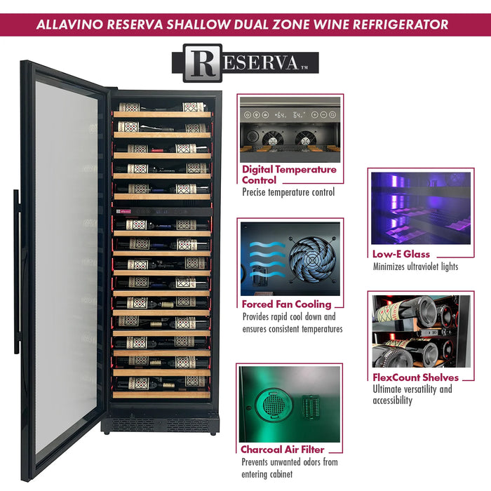 Reserva Series 67 Bottle 71" Tall Dual Zone Left Hinge Black Shallow Wine Refrigerator with Wood Front Shelves